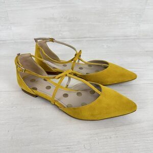 Boden Suede Pointed Toe T strap Flats Women Size US 7 EU 37.5 Yellow Bow D'Orsay